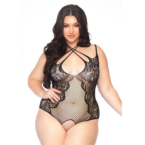 Plus Size Net and Lace Crotchless Body