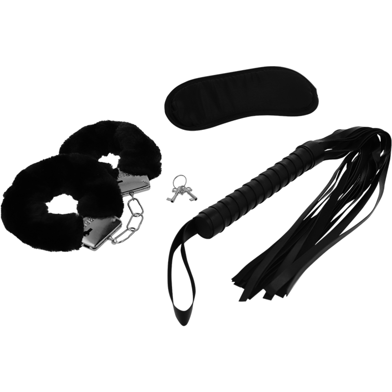 FETISH EROTIC PLAYSET 1 WITH HANDCUFFS, BLIND MASK AND FLOGGER