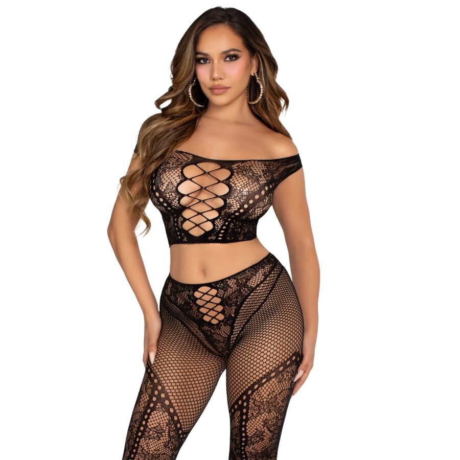 CROP TOP AND FISHNET LEGGING WITH BARE SHOULDERS BLACK